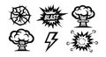 Explosion and blast icons set with atomic mushroom clouds and lightning bolt vector illustration Royalty Free Stock Photo