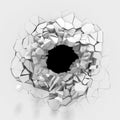 Explosion broken white wall with cracked hole. Abstract background