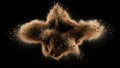 Explosion of brown powder and tiny particles against a stark black background Royalty Free Stock Photo
