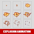 Explosion, cartoon explosion animation frames for game. Sprite sheet on dark background. Smoke animation