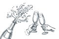 Explosion champagne bottle and two hands with drinking glasses. Sketch vector illustration. New Year, Christmas or Valentines Day Royalty Free Stock Photo