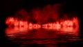 Explosion chemistry red smoke bomb on isolated background. Freezing dry fog bombs texture overlays. Reflection on water Royalty Free Stock Photo