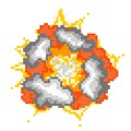 Explosion with clouds pixel smoke. Detonating bomb red energy destruction and blazing yellow fire.