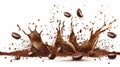 Explosion of coffee bean powder on white background. Modern illustration of shredded ground coffee and arabica grains Royalty Free Stock Photo