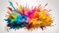 Explosion of colored powder on bright white background close up. Neural network ai generated Royalty Free Stock Photo