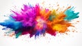 Explosion of colored powder on bright white background close up. Neural network ai generated Royalty Free Stock Photo