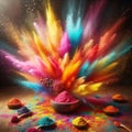 Explosion of colored powders on bowls. Holi, festival of colors