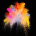 Explosion of colorful powder isolated on dark black background. Holi paint color dust explode in freeze motion. Generative AI Royalty Free Stock Photo