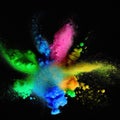 Explosion of colorful powder isolated on dark black background. Holi paint color dust explode in freeze motion. Generative AI Royalty Free Stock Photo