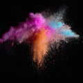 Explosion of colorful powder isolated on dark black background. Holi paint color dust explode in freeze motion. Generative AI Royalty Free Stock Photo