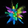 Explosion of colorful powder isolated on dark black background. Holi paint color dust explode in freeze motion. Generative AI Royalty Free Stock Photo