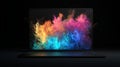 Explosion of colorful powder in laptop screen on dark background Royalty Free Stock Photo