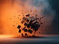 The explosion of the cube surrounded by bright orange and blue smoke creates a vibrant effect. Royalty Free Stock Photo