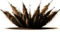 Explosion of dark brown powder or soil creating a dynamic burst isolated on white background Royalty Free Stock Photo
