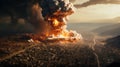 Explosion and fire in Eastern city during war, aerial view of dramatic landscape and smoke. Futuristic scene of apocalyptic Royalty Free Stock Photo