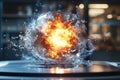 Explosion of fire and water contained in a glass sphere in a modern lab setting Royalty Free Stock Photo