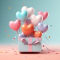 Heart balloons pastel pink hearts fly out from the open gift box, 3D clay, Generative AI Royalty Free Stock Photo