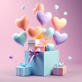 Heart balloons pastel color fly out from the open gift present box, 3D clay, Generative AI Royalty Free Stock Photo