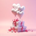 Heart balloons pastel pink hearts fly out from the open gift box, 3D clay, Generative AI Royalty Free Stock Photo