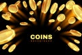 Explosion gold coin. Dollar coins golden rain. Game gambling prize money splash. Casino jackpot, bingo background isolated on