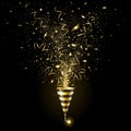 Explosion Golden Party Popper with Gold Confetti Royalty Free Stock Photo