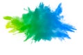 Explosion of green blue color powder on white background.