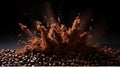 explosion of ground coffee with roasted beans on black background. Generative Ai