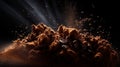 explosion of ground coffee with roasted beans on black background. Generative Ai Royalty Free Stock Photo