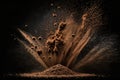 Explosion of ground coffee with roasted beans on black. Illustration AI Generative