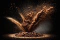 Explosion of ground coffee with roasted beans on black. Illustration AI Generative Royalty Free Stock Photo