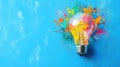 Explosion of Ideas A Colorful Lightbulb Concept on Bright Blue Backdrop Royalty Free Stock Photo