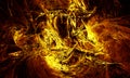 Explosion of igneous particles, hearth or blazing underworld. Fantastic abstract golden illustration.