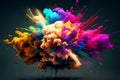 An explosion of multicolored paint, a cloud of dust. black background