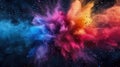 Explosion of multicolored paint on dark background, burst of colorful powder, abstract pattern of colored dust explode. Concept of