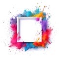 Explosion of multicolored particles of powder at the Holi party with a photo frame on a white background. Royalty Free Stock Photo