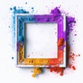 Explosion of multicolored particles of powder at the Holi party with a photo frame on a white background. Royalty Free Stock Photo