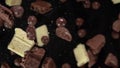 Chocolate pieces explosion. Slow Motion 1000fps