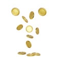 Explosion of realistic gold coin on white background.Cash treasure concept. Jackpot or casino poker win element. Falling or flying