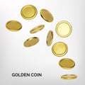 Explosion of realistic gold coin on white background. Jackpot or casino poker win element. Cash treasure concept. Falling or