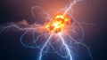 Intense electrical storm with vibrant lightning strikes and a fiery explosion in the dark sky Keywords: lightning Royalty Free Stock Photo