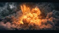Explosion with smoke and sparks on isolated dark background. A huge fireball exploded from the ground. Surrounded by Royalty Free Stock Photo