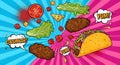 Explosion of Taco Ingredients and Finished Taco with Yum and Crunch speech bubbles Royalty Free Stock Photo