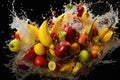 An explosion of taste: apples, bananas, and lemons collide in a vibrant water spray on a black canvas, creating a vivid