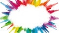 Explosion of vibrant color powder forming a circular frame with a white background Royalty Free Stock Photo
