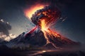 Explosion, volcanic eruption, fire and smoke on the mountain, natural disaster. Generative AI