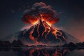 Explosion, volcanic eruption, lava on mountain, natural disaster. Generative AI illustration