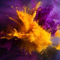 Explosion Of Yellow And Purple Paint. Paint Splashing On Purple Background In Abstract Art Form. Generative AI Royalty Free Stock Photo