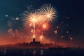 A dazzling display of red and blue fireworks sparkle, illuminating the night sky with vibrant bursts of color. Generative Ai Royalty Free Stock Photo