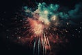 A dazzling display of red and blue fireworks sparkle, illuminating the night sky with vibrant bursts of color. Generative Ai Royalty Free Stock Photo