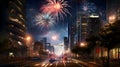 Explosions of colorful fireworks in a night scene against the backdrop of tall city skyscrapers. New Year\'s fun and festiv Royalty Free Stock Photo
